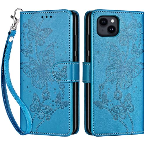 for iPhone 15 Plus Wallet case, Blue-Butterfly | 3 Card Holders, Kickstand, Shockproof TPU Shell, PU Leather, Magnetic Closure, Protective Flip Folio Cover, Women - color: 8