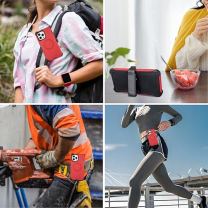 Magnetic for iPhone 13 Pro Max Case with Belt Clip Holster, Black Red | Heavy Duty Military Grade Drop Protection Case for iPhone 13 Pro Max, 6.7", with 360°Rotating Kickstand 6.7" - color: Red+Black