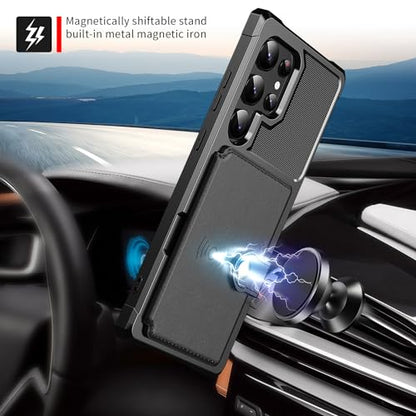 for Samsung Galaxy S24 Ultra Case with Card Holder, Compatible with Magnetic Car Mount, Heavy Duty Shockproof Rugged Soft TPU Back Leather Flip Wallet Cover 6.8 inch, Black | Compatible with Magnetic Car Mount, Shockproof Rugged Soft TPU Hard Back Leather