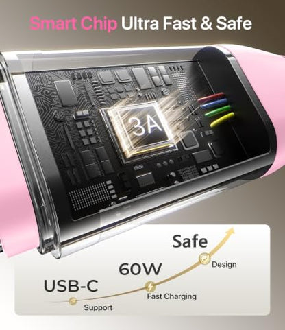 USB A to USB C Cable 3A Fast Charging 10FT, 2Pack USB to USBC Cable for - color: Pink, size: 10FT, style: 60W USB A to USB C