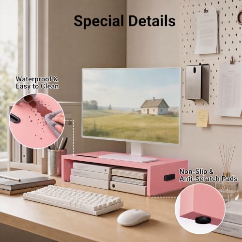 BONTEC Monitor Stand Riser with Cellphone Holder & Cable Management - color: Pink, size: 16.7 Inch