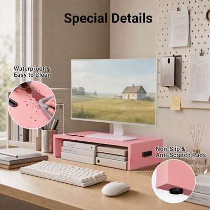 BONTEC Monitor Stand Riser with Cellphone Holder & Cable Management - color: Pink, size: 16.7 Inch