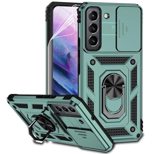 for Samsung Galaxy S22 Case with Camera Lens Cover Screen Protector, Dual Layer Military-Grade Drop Tested Magnetic Ring Holder Kickstand Protective Phone Case for Samsung Galaxy S22 5G (Dark Green) - color: Dark Green with camera cover Military-Grade