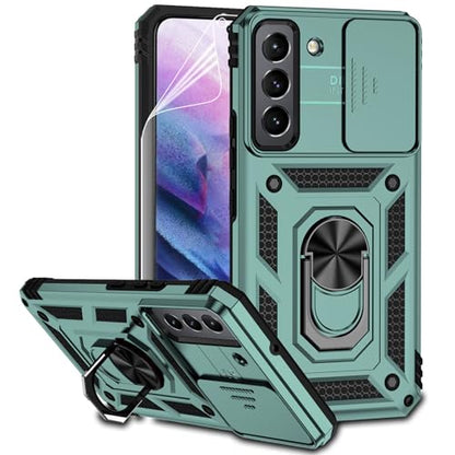 for Samsung Galaxy S22 Case with Camera Lens Cover Screen Protector, Dual Layer Military-Grade Drop Tested Magnetic Ring Holder Kickstand Protective Phone Case for Samsung Galaxy S22 5G (Dark Green) - color: Dark Green with camera cover Military-Grade