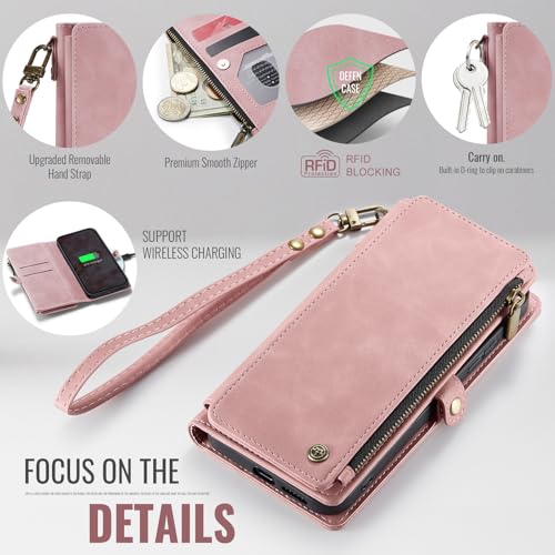 Defencase for Samsung Galaxy S25 Wallet Case with RFID Card Holder, Pink | Durable Soft PU Leather, with Zipper Pocket, Wrist Strap, Fashion Snap Flip S25 Phone Cases Cover with Stand for Women Men - color: Airy Rose Pink