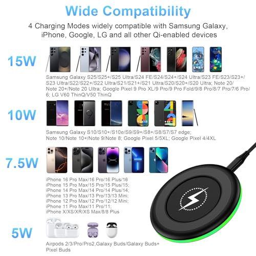 for Galaxy S25 Ultra Wireless Charger Pad for Samsung Galaxy S25 Edge S25 Plus S24FE S24 Ultra S23 S22,15W Fast Charging Station for iPhone 17 Air 16e 16 15 Pro Max 15 Plus,Google Pixel 10 9a 9 Pro XL