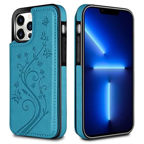 HianDier Wallet Case Compatible with iPhone 13 Pro MAX Case 5G 6.7-inch Slim Protective with Credit Card Slot Holder Flip Folio Soft PU Leather Magnetic Closure Cover, Butterfly Blue - color: Butterfly Blue