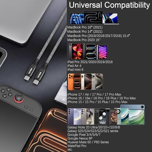 20ft USB C to USB C Cable 60W Fast Charging, Super Long Braided Type C Cable for iPhone 15/15 Pro/16/17, Samsung Galaxy S24, iPad Pro/Air, MacBook Pro/Air, Google Pixel (USB 2.0 Data Sync)