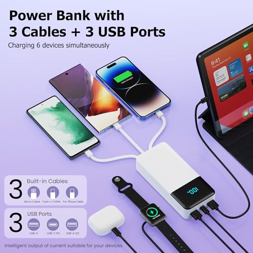 Portable Charger Power Bank 50800mAh,25W USB C Fast Charging Battery Pack with 3 Built in Cables & LED Display,6 Outputs 2 Inputs Travel Essentials Phone Charger for iPhone 18/17/16/15,Android,White - color: White