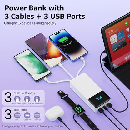 Portable Charger Power Bank 50800mAh,25W USB C Fast Charging Battery Pack with 3 Built in Cables & LED Display,6 Outputs 2 Inputs Travel Essentials Phone Charger for iPhone 18/17/16/15,Android,White - color: White
