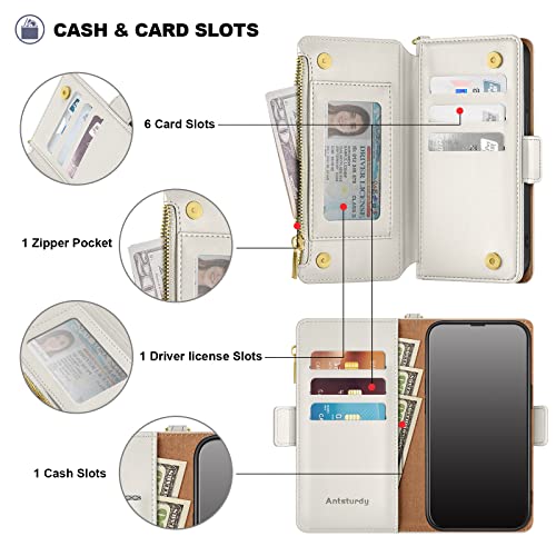 Antsturdy for iPhone 14 Pro Phone Wallet Case Women,Beige | RFID Blocking,with Credit Card Holder Slots,PU Leather Purse,Zipper Pocket,Wrist Strap Kickstand,Flip Folio Cover for Men - color: Beige