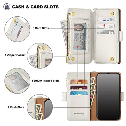 Antsturdy for iPhone 14 Pro Phone Wallet Case Women,Beige | RFID Blocking,with Credit Card Holder Slots,PU Leather Purse,Zipper Pocket,Wrist Strap Kickstand,Flip Folio Cover for Men - color: Beige
