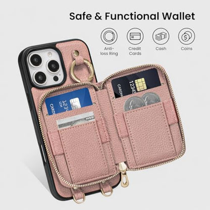 ORNARTO Magnetic Detachable Wallet Case for iPhone 16 Pro, Pink | Compatible with MagSafe, Crossbody Wallet Case with Card Holder Wrist Strap, RFID Blocking PU Leather Wallet Phone Cover 6.3” - color: Pink