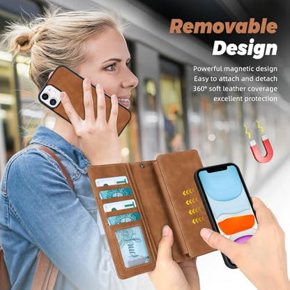 TwoHead for iPhone 11 Wallet case with 11 Card Holder (Brown) | Detachable Magnetic Phone Case, PU Leather Wallet for Women/Men,Wireless Charging Compatible,with Wrist Strap - color: Brown