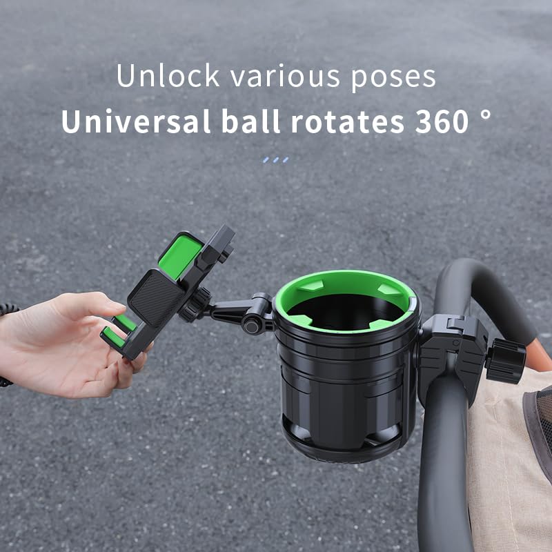3-in-1 Stroller Cup Phone Holder Attachment, Cup Holder with Phone Mount for Walker, Wheelchair, Stroller, Universal Double Cup Holder Fits Most Donna, Uppababy, Bugaboo, Anti-Slip & Easy Install