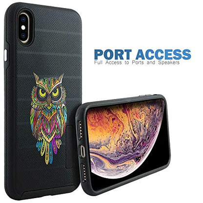 CasesOnDeck Case Compatible with [Apple iPhone X | iPhone Xs][Grip Tactical] iPhone Xs Hybrid Bump and Drop Protection Case Slim Fit Dual Layer Cover (Colorful Owl) - color: Colorful Owl