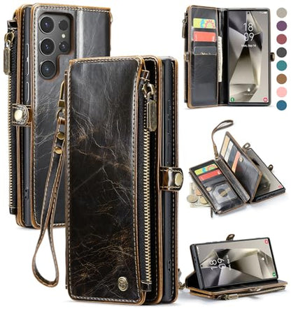 Defencase for Samsung Galaxy S24 Ultra Wallet Case with Card Holder, Coffee | Durable PU Leather, with RFID Blocking Zipper Pocket, Wrist Strap, S24 Ultra Flip Phone Cases Cover with Stand for Women Men - color: Coffee