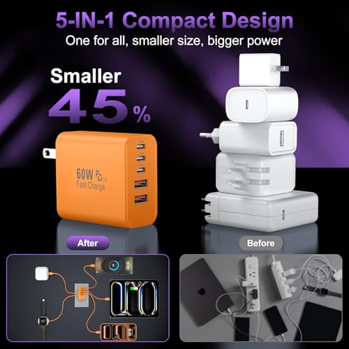 USB C Charger Block Fast Charging, 60W Phone Charger USBC Wall Plug Adapter - color: Orange-2Pack