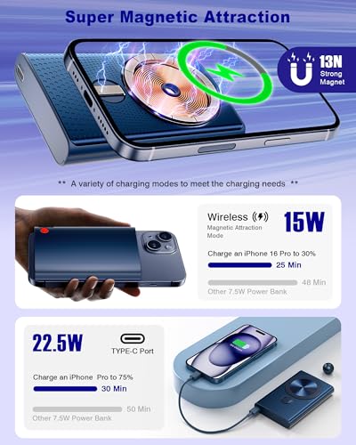 Kesguar Magnetic Portable Charger, 10000mAh 22.5W PD Super Fast Charging Wireless Power Bank. Ultra-Strong Magnet, USB C in&Out Battery Pack for Magsafe, iPhone 17/16/15/13/12 Pro Series - color: Blue
