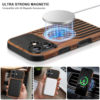 TENDLIN Magnetic Case Compatible with iPhone 16 Plus Phone Case Wood Grain with Carbon Fiber Texture Design Leather Hybrid Slim Cover (Compatible with MagSafe) Hairline - color: Magnetic Hairline, size: iPhone 16 Plus