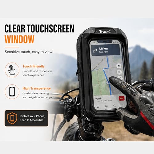 Motorcycle & Bicycle Handlebar Phone Mount Bag, Water-Resistant Phone Pouch with Touchscreen Window, 360° Rotating Clamp, Storage Pockets, Fits Universal 4.0-6.8 Inch Phones, Black