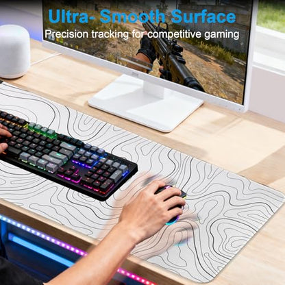 VOVIPO 3 in 1 Wireless Charging Mouse Pad, Desk Mat with Wireless Charger Multiple Devices Compitable with Watch/iPhone, White Topographic Large Desk Mat(90 x 40cm) for MacBook, PC, Laptop - color: White Topographic