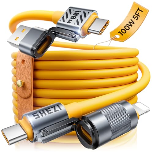 Silicone 4 in 1 USB C Cable 100W Compatible with Lightning Cable - color: Yellow, size: 100W, style: Silicone Cable