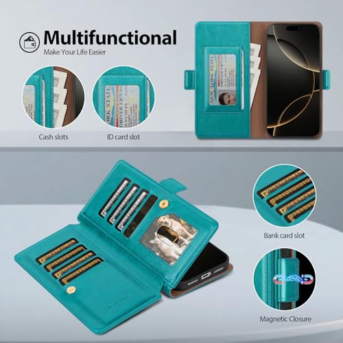 Compatible with iPhone 17 Case Wallet with Card Holder [7 Card Slot] Women Men,RFID Blocking Luxury PU Leather Phone Case Flip Folio Protector Cover Credit Card Slot Kickstand,Blue Green - color: Blue Green, size: iPhone 17