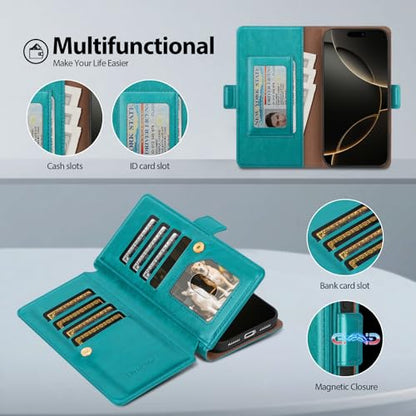 Compatible with iPhone 17 Pro Case Wallet with Card Holder [9 Card Slot] Women Men,RFID Blocking Luxury PU Leather Phone Case Flip Folio Protector Cover Credit Card Slot Kickstand,Blue Green - color: Blue Green, size: iPhone 17 Pro