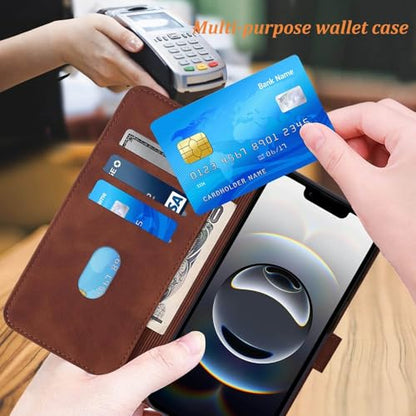 Flip Wallet Case for iPhone 17e/16e, Wrist Strap, Brown | Embossed PU Leather, Detachable Wrist Strap, Card Slots, TPU Inner, Cash Pocket, Magnetic Closure, Stand, Precise Cutouts - color: Brown