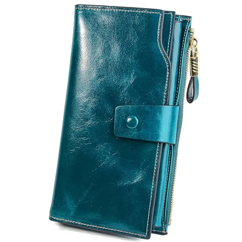 YALUXE Women's Real Leather Wallet RFID Protect 21 Card Slots Phone Pocket - color: 4- Waxed Greenish Blue, size: Genuine Leather
