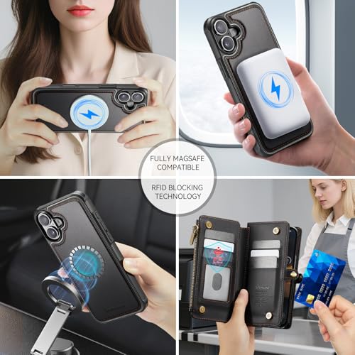 Defencase for iPhone 17 Phone Case Wallet Compatible with Magsafe, Black | Magnetic Detachable, Drop-Proof Protective Wallet Cases Cover, with RFID Bolcking Card Holder, Zipper Strap, Soft PU Leather - color: (Detachable with Magsafe)-Black