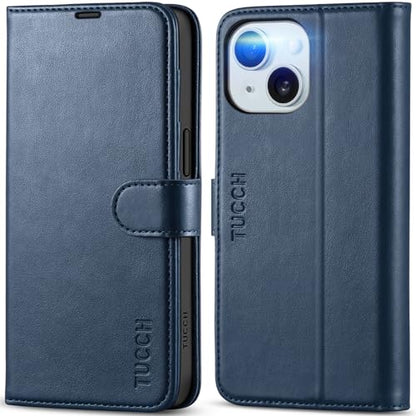TUCCH Case Wallet for iPhone 15 (6.1") 2023, RFID Blocking Folio, Dark Blue | 4 Card Holders, Kickstand, PU Leather, Magnetic Closure, Shockproof TPU Shell, Protective Flip Cover - color: Dark Blue