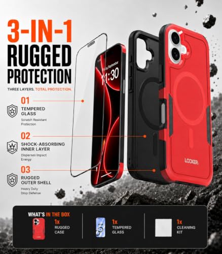 LOOXER® Heavy Duty Rugged Magnetic Case for iPhone 17 (6.3”) | Military Grade Shockproof Protection,MagSafe Compatible+ Tempered Glass Included (Red, 17) - color: Red, size: 17