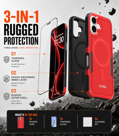 LOOXER® Heavy Duty Rugged Magnetic Case for iPhone 17 (6.3”) | Military Grade Shockproof Protection,MagSafe Compatible+ Tempered Glass Included (Red, 17) - color: Red, size: 17