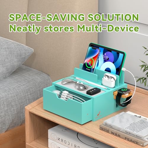 Pezin & Hulin Bamboo Charging Station with Power Charger & Cables-Teal - color: #3 Bamboo- Teal(With Charger)