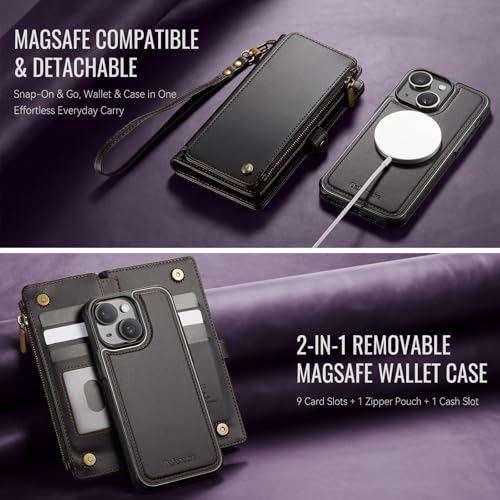 Defencase for iPhone 14 Plus Case Wallet Compatible with Magsafe, Black | Drop-Proof Magnetic Detachable Phone Cases Cover, with RFID Bolcking Card Holder, Zipper Strap, PU Leather, Removable Wallet - color: (Detachable with Magsafe)-Black