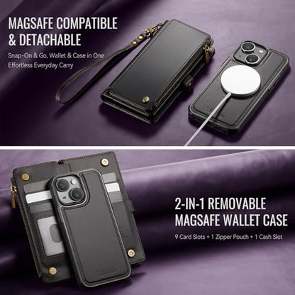 Defencase for iPhone 15 Phone Case Wallet Compatible with Magsafe, Black | Magnetic Detachable, Drop-Proof Protective Wallet Cases Cover, with RFID Bolcking Card Holder, Zipper Strap, Soft PU Leather - color: (Detachable with Magsafe)-Black