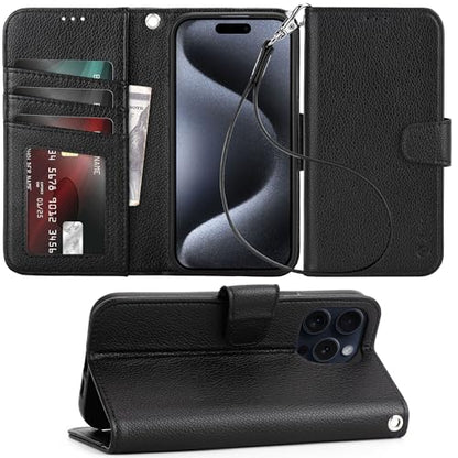 Arae Compatible with iPhone 15 Pro Case with Card Holder and Wrist Strap Wallet Flip Cover for iPhone 15 Pro 6.1 inch Men RFID Blocking Wristlet Kickstand,Litchi Black - color: Litchi Black, size: iPhone 15 Pro 6.1 inch