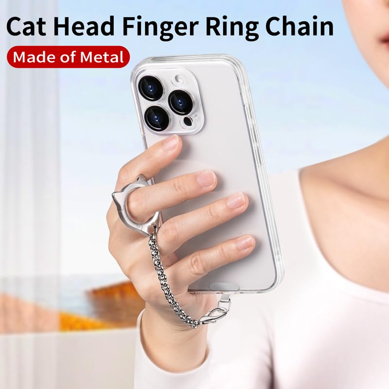 Metal Cat Head Phone Finger Grip Ring Chain Lanyard Keychain Holder Charm - color: Silver