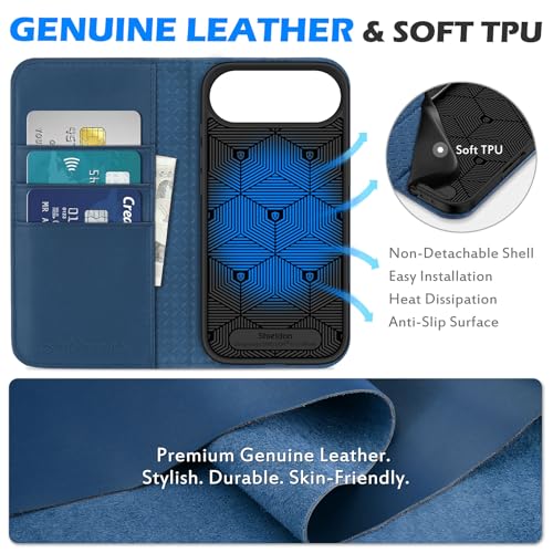 SHIELDON Real Leather Case Wallet for iPhone Air 6.5" 2025, Royal Blue | Flip Magnetic Cover, RFID Blocking, Credit Card Holder, Kickstand, Book Design, Shockproof Phone Shell - color: Royal Blue