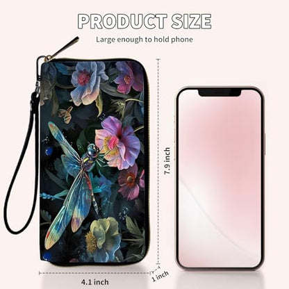 Ladies Wallet,Clutch Purses for Women Wallets Leather Credit Card Holder for Women Wristlet Slim Small Cute with Zipper,Thin RFID Blocking with Wrist Strap,Art Cute Dragonfly - color: Art Cute Dragonfly