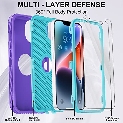 for iPhone 14 Case with 2 Screen Protector,Full Body Shockproof Drop Protection Dust Proof Heavy Duty 3 Layer Rugged Durable Military Grade Cover for Apple iPhone 14 6.1" (Purple/light green) - color: Purple/light green II