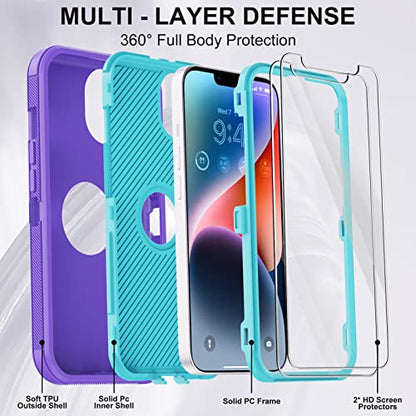 for iPhone 14 Case with 2 Screen Protector,Full Body Shockproof Drop Protection Dust Proof Heavy Duty 3 Layer Rugged Durable Military Grade Cover for Apple iPhone 14 6.1" (Purple/light green) - color: Purple/light green II