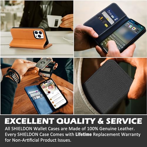 SHIELDON Genuine Leather Case Wallet for iPhone 15 Pro Max 6.7", Wine Red | Folio Magnetic Closure, RFID Blocking, Credit Card Holder, Kickstand, Shock Absorbing Protective Cover - color: Wine Red