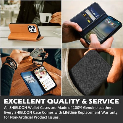 SHIELDON Genuine Leather Case Wallet for iPhone 15 Pro Max 6.7", Wine Red | Folio Magnetic Closure, RFID Blocking, Credit Card Holder, Kickstand, Shock Absorbing Protective Cover - color: Wine Red