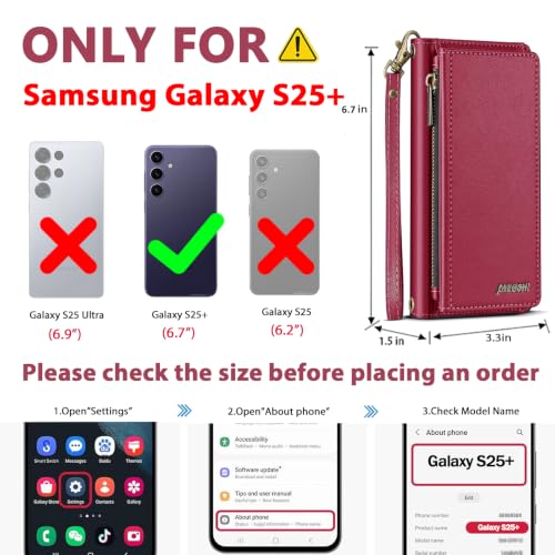 for Samsumg Galaxy S25 Plus Wallet Case, Detachable Magnetic Shockproof Phone Case,Faux Leather Crossbody Wallet,with RFID Blocking，Zipper Card Holder，Shoulder Strap (Red) - color: Red, size: Samsumg Galaxy S25 Plus