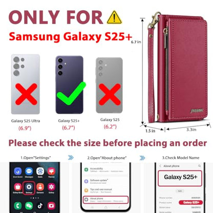 for Samsumg Galaxy S25 Plus Wallet Case, Detachable Magnetic Shockproof Phone Case,Faux Leather Crossbody Wallet,with RFID Blocking，Zipper Card Holder，Shoulder Strap (Red) - color: Red, size: Samsumg Galaxy S25 Plus
