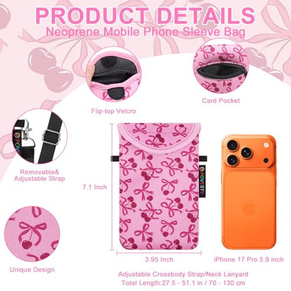 Flap Closure Secure Cell Phone Bag with Card Pocket for iPhone & Samsung - color: Bow&Cherry