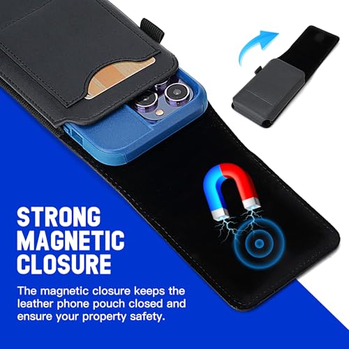 Mopaclle Vertical Cell Phone Holster with Belt Clip and Loop,Rugged Phone Belt Holder Compatible with iPhone 17 Pro iPhone 16, 15, 14 Pro, Galaxy S25, S24, S23 – Fits with Case On - color: 01 Leather- Black, size: M (6.29 x 2.9x 0.5 in)